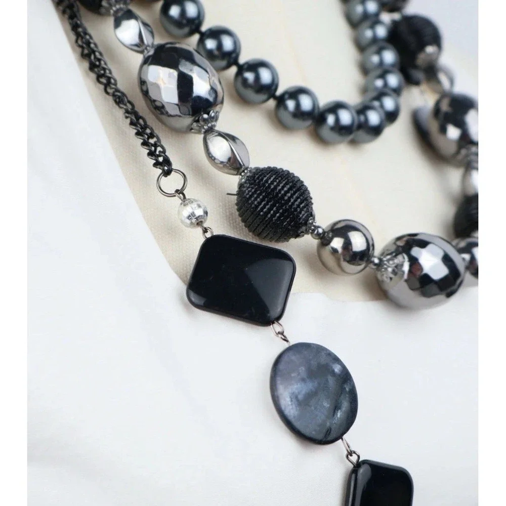 Multi Strand Layering Necklaces (3) Black Silver Chunky Beaded Bold‎ Statement